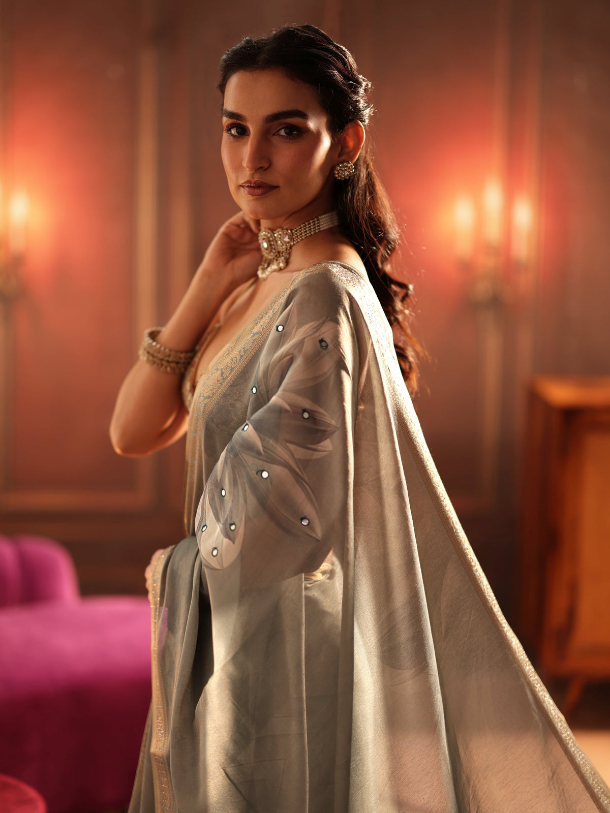 Anouk Dusty Aqua Blue Floral Printed Silk Blend Saree