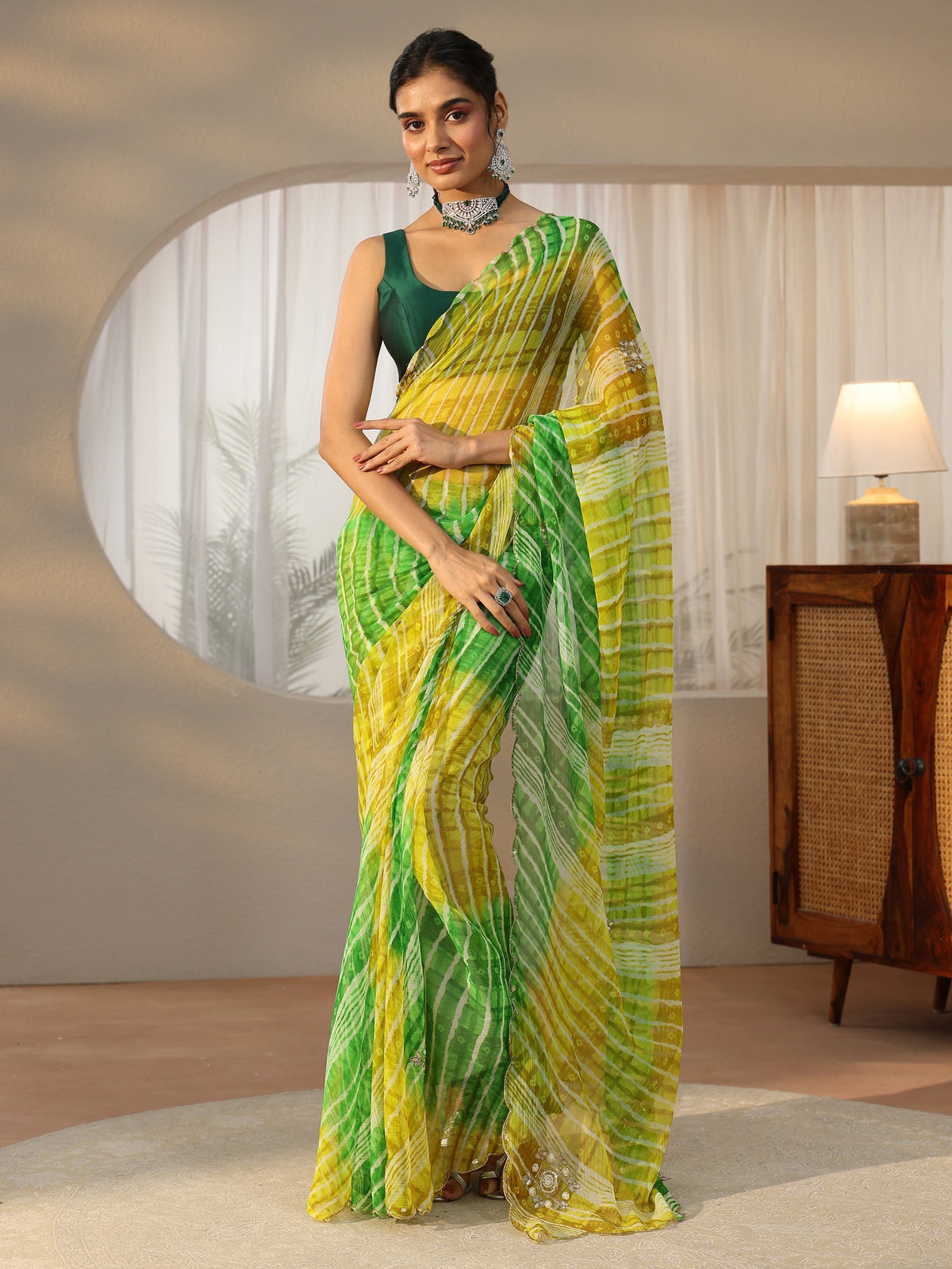 Anouk Lime Green Leheriya Printed Chiffon Saree