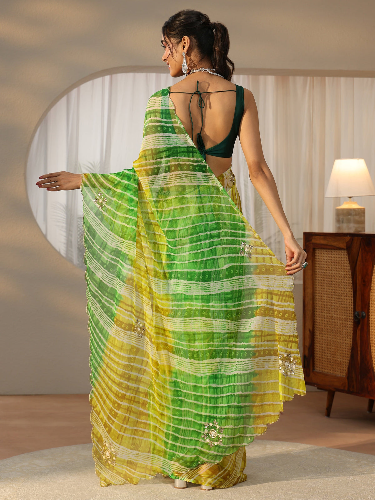 Anouk Lime Green Leheriya Printed Chiffon Saree