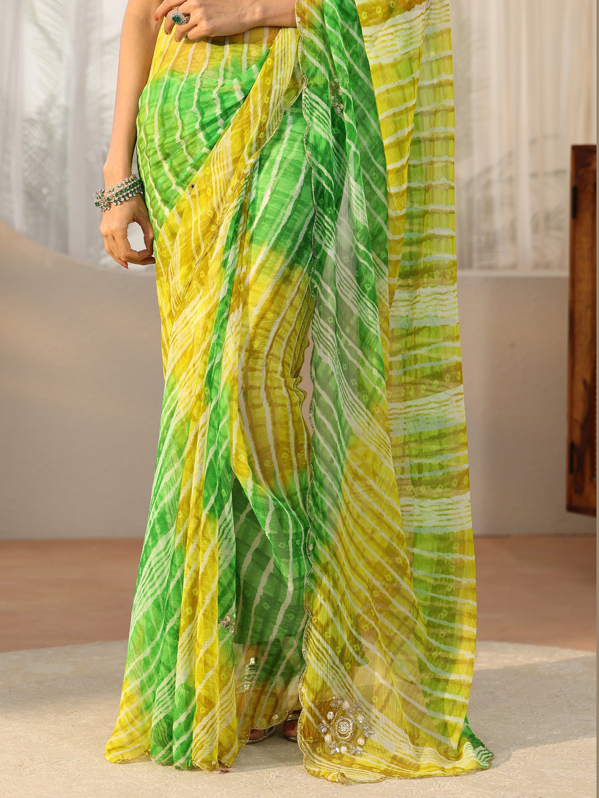 Anouk Lime Green Leheriya Printed Chiffon Saree