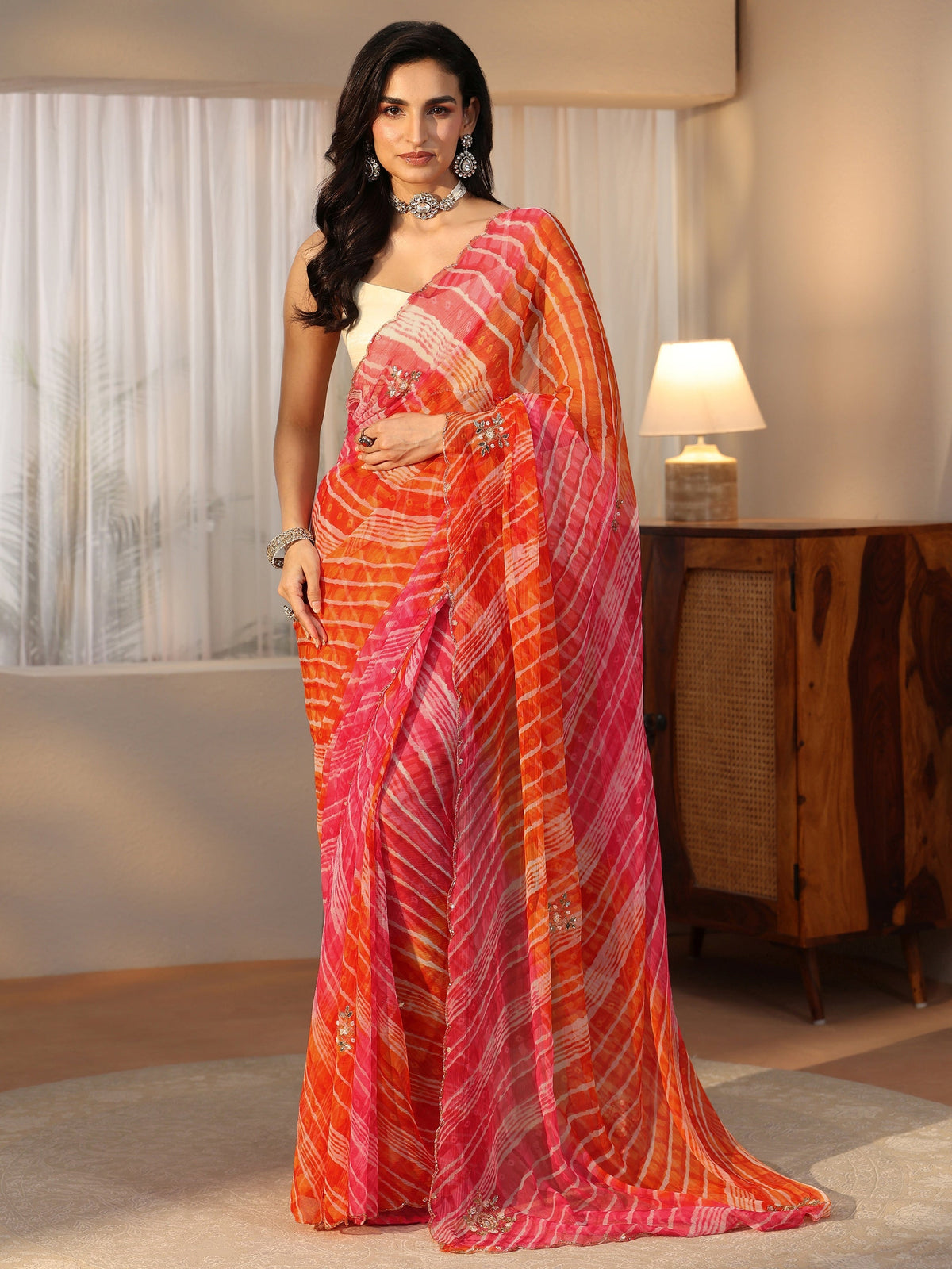 Anouk Orange Leheriya Printed Chiffon Saree