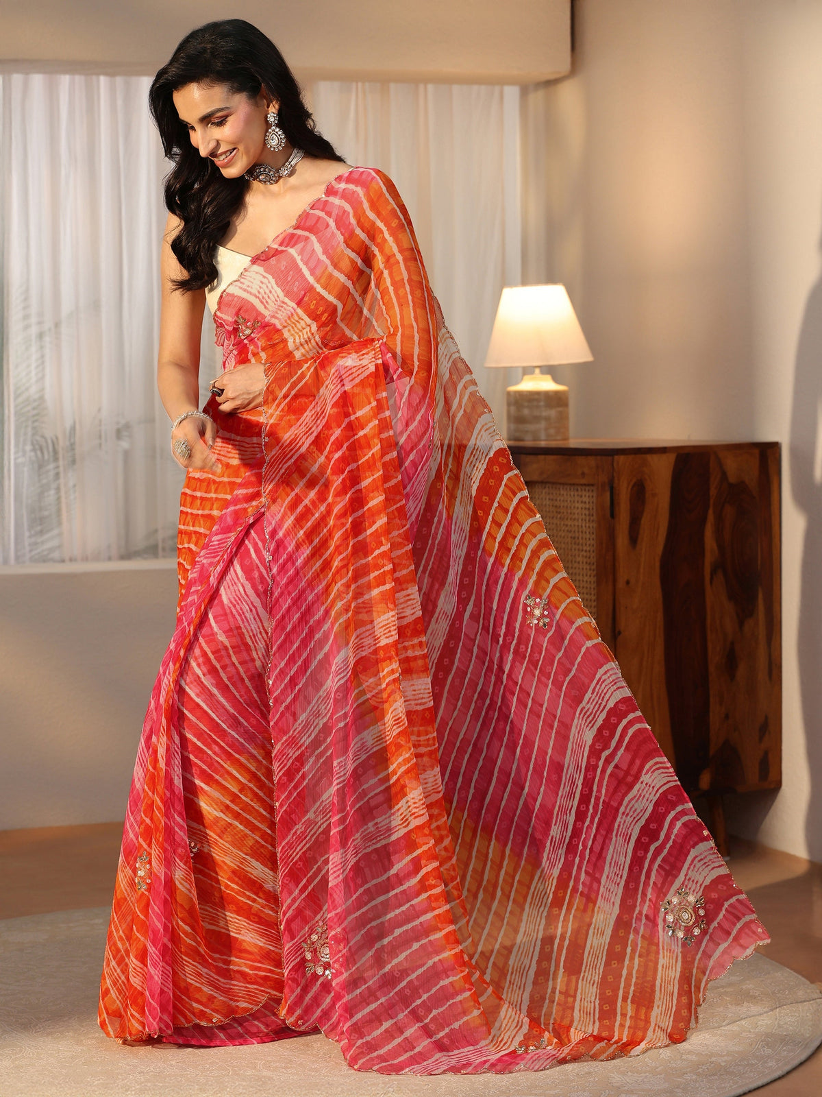 Anouk Orange Leheriya Printed Chiffon Saree