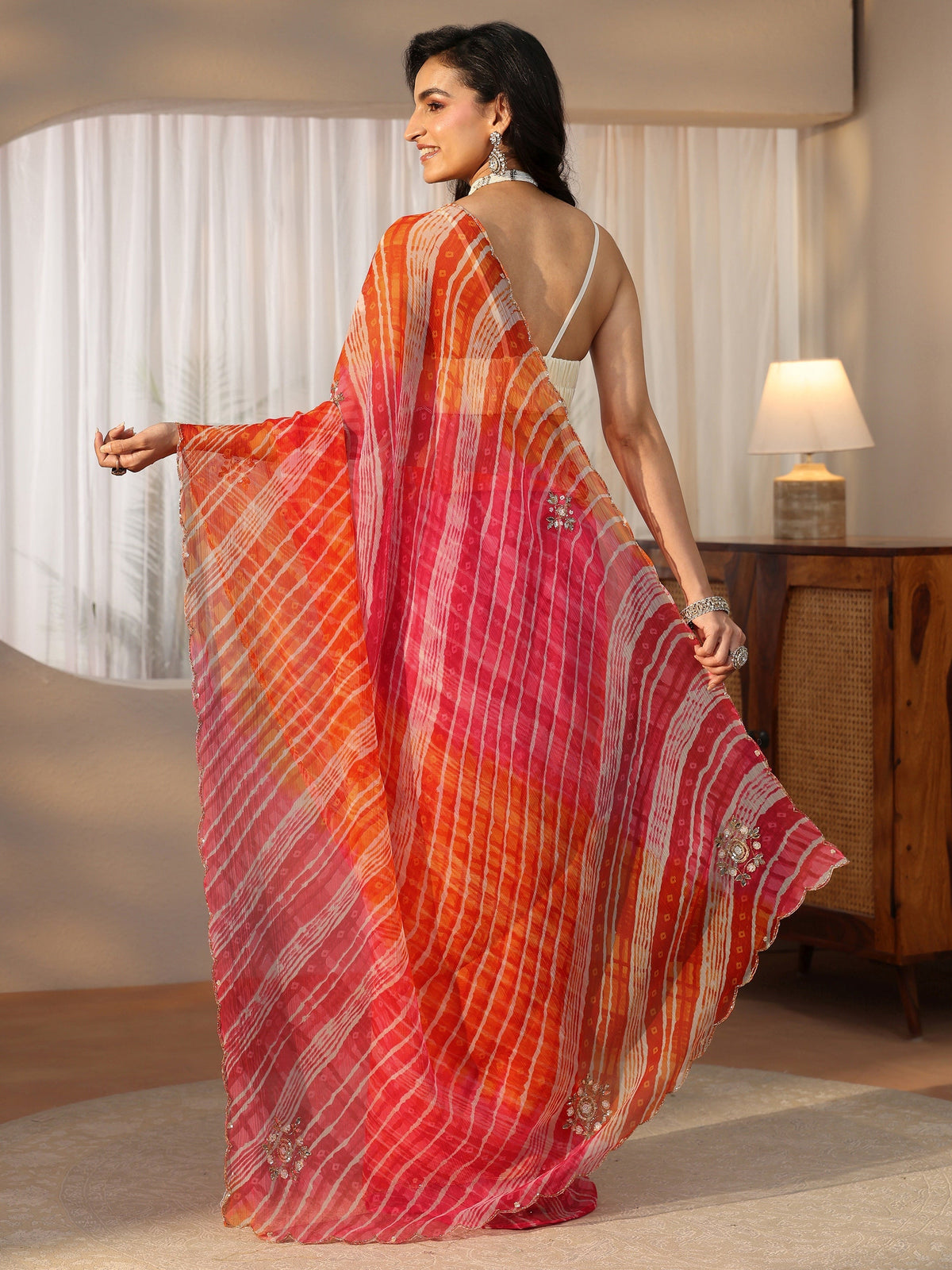 Anouk Orange Leheriya Printed Chiffon Saree