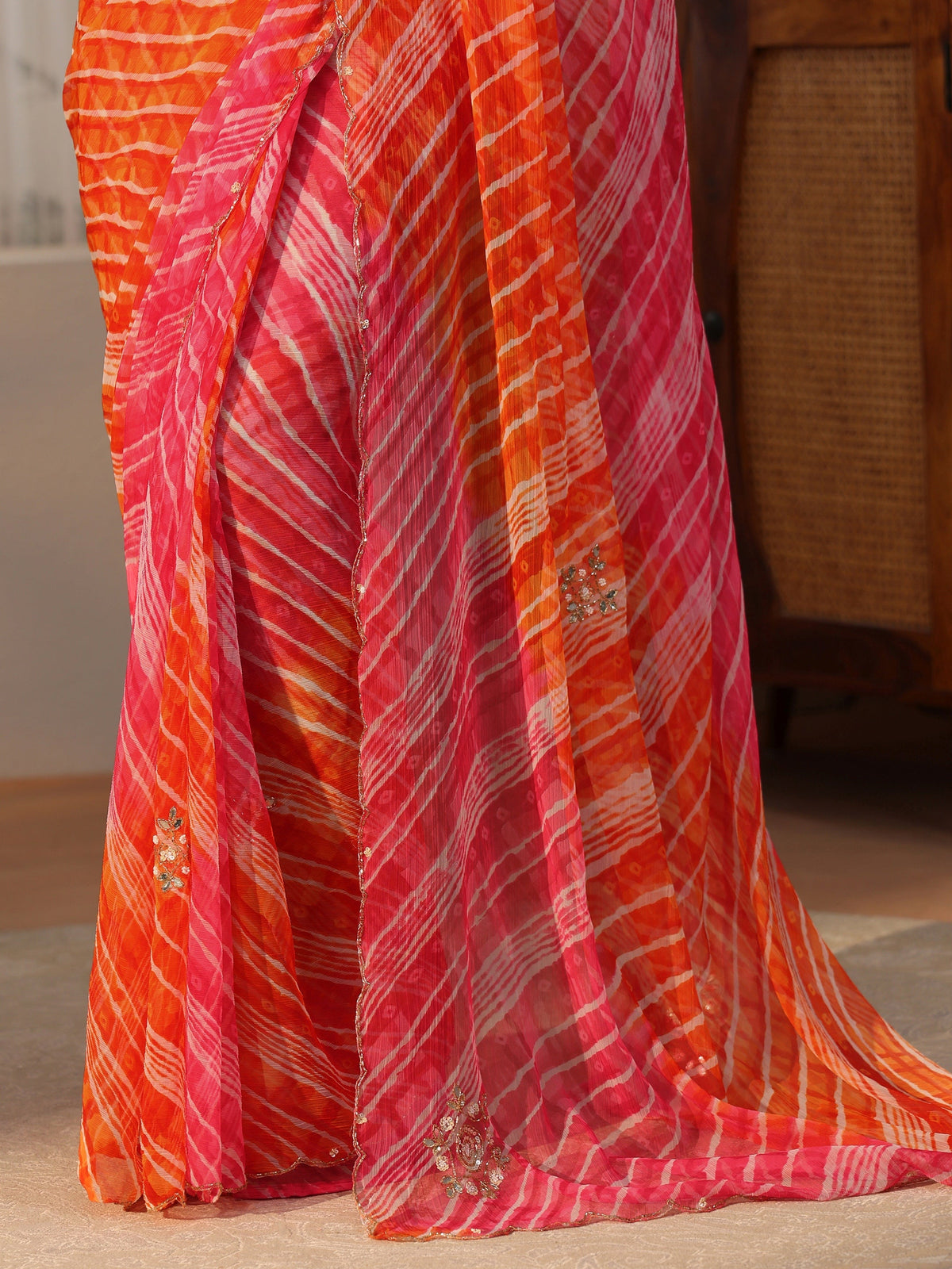 Anouk Orange Leheriya Printed Chiffon Saree