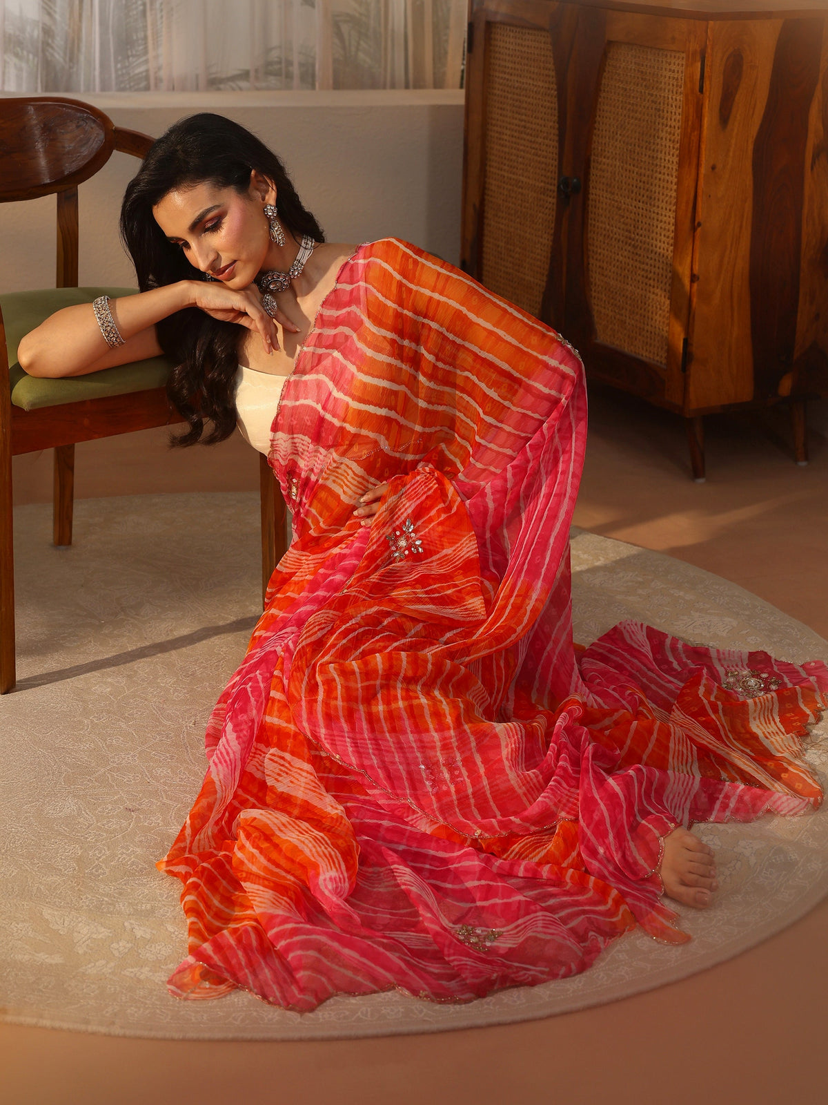 Anouk Orange Leheriya Printed Chiffon Saree
