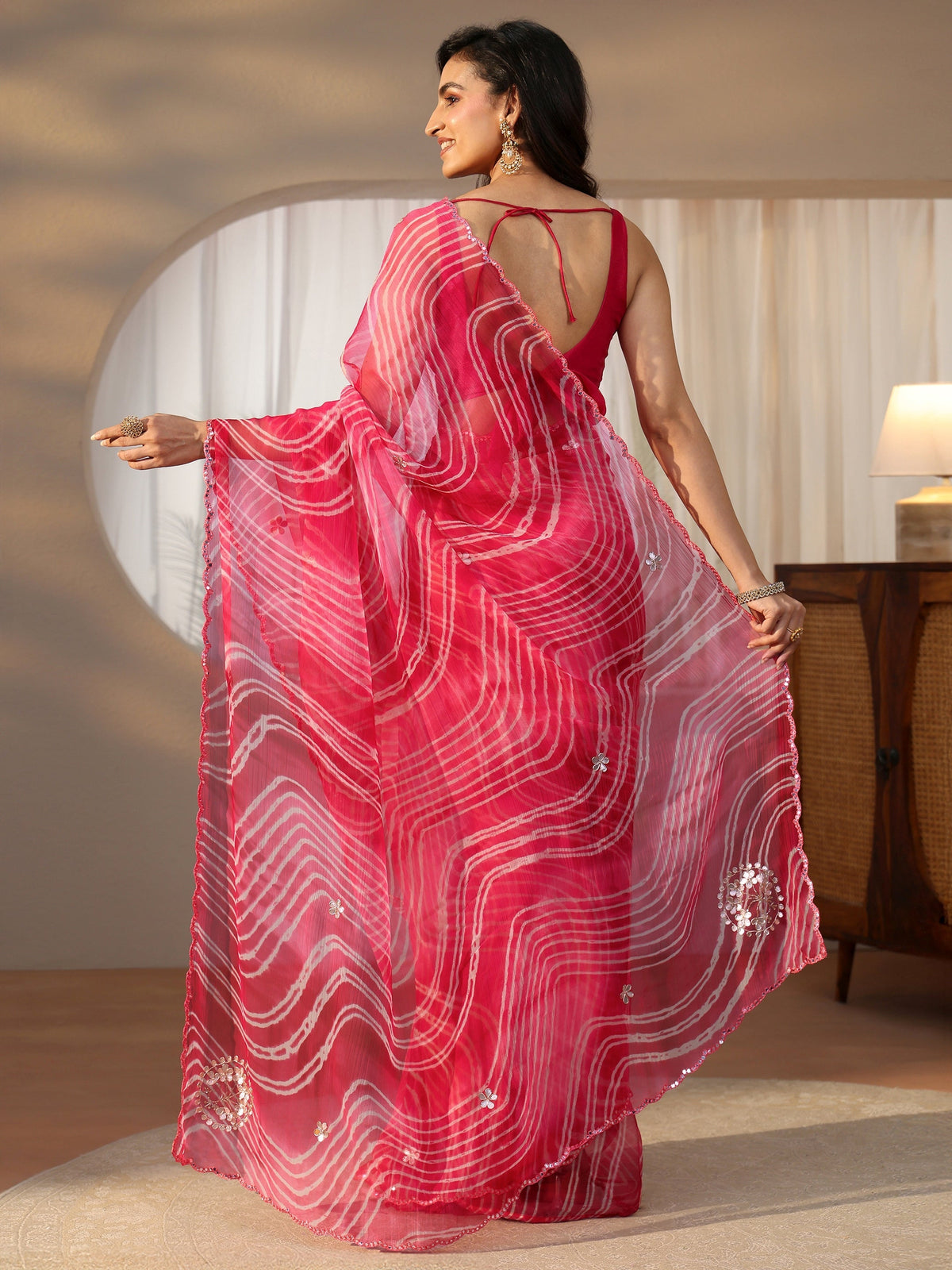 Anouk Hot Pink Leheriya Printed Chiffon Saree