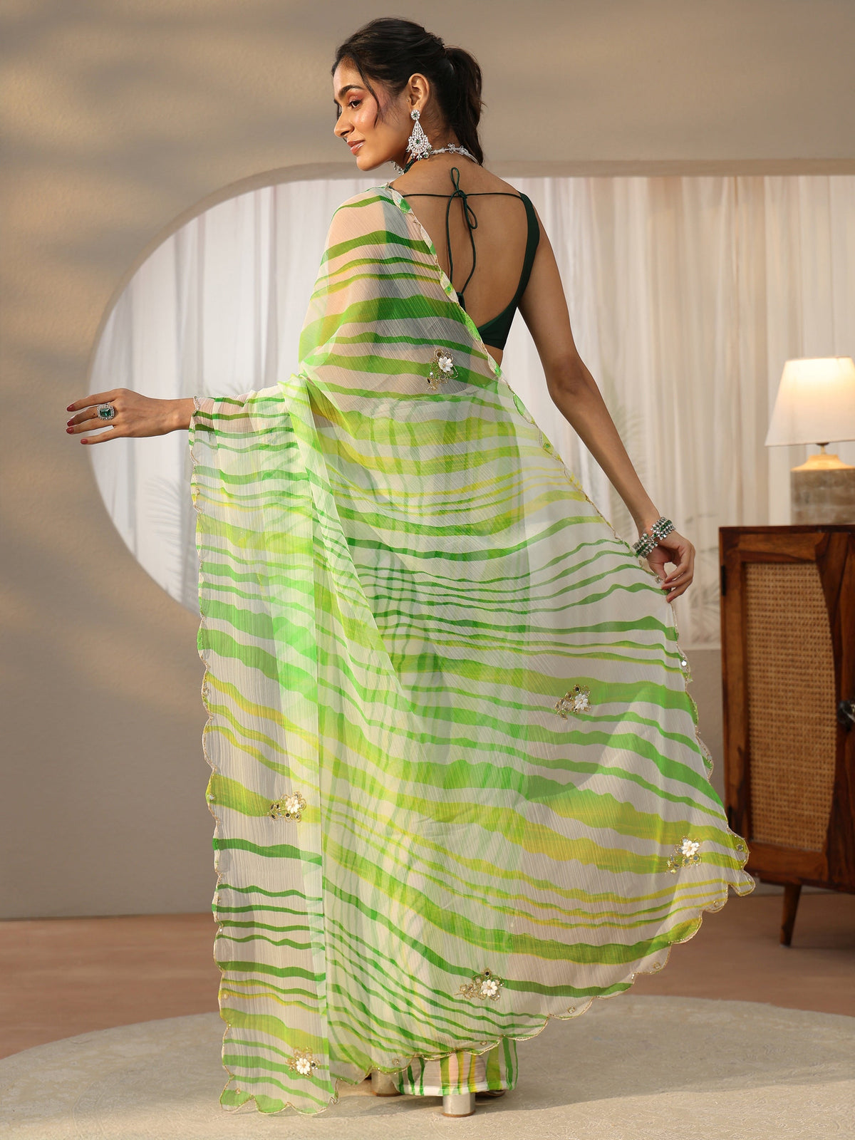 Anouk Lime Green Leheriya Printed Chiffon Saree