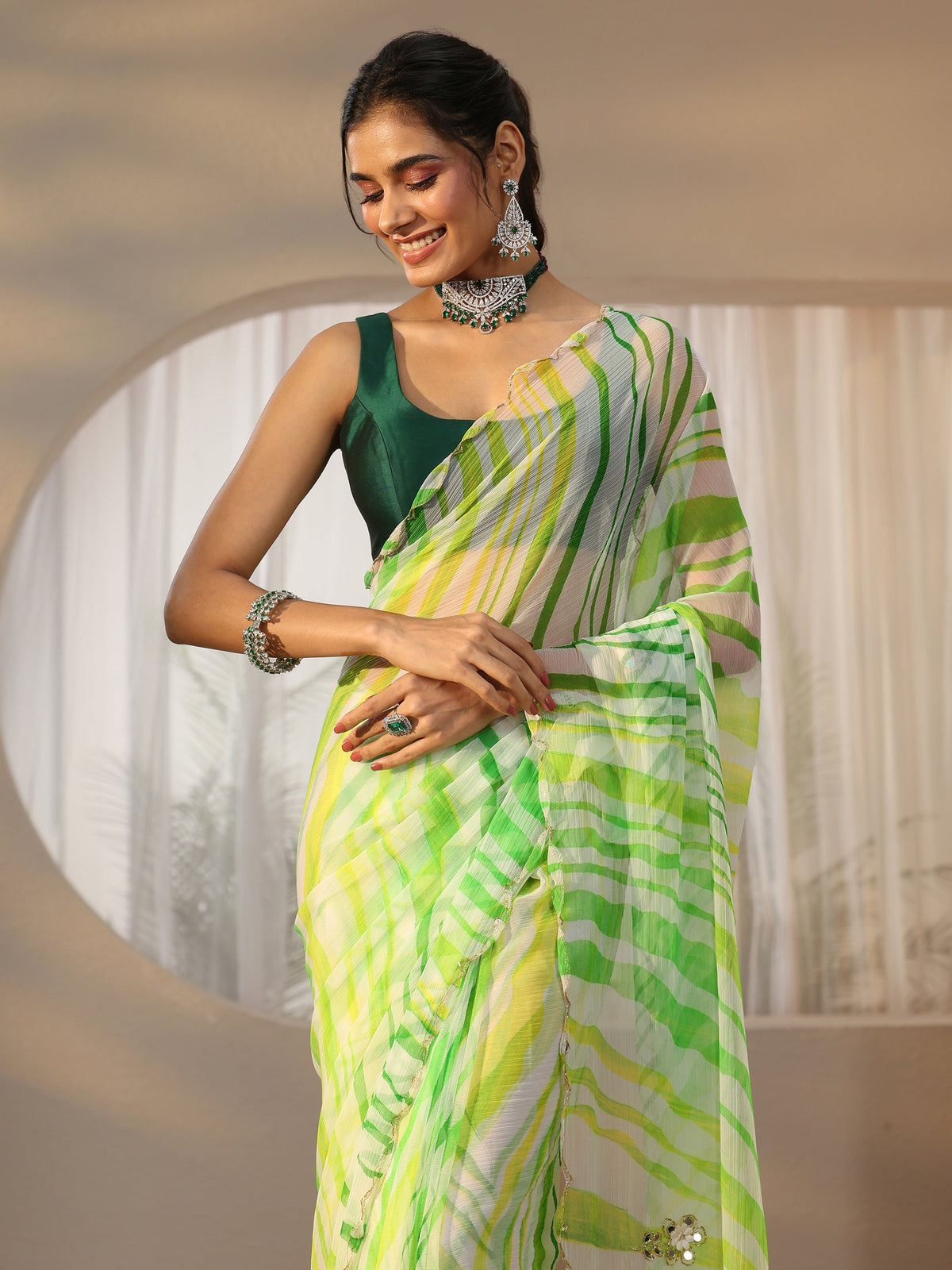 Anouk Lime Green Leheriya Printed Chiffon Saree