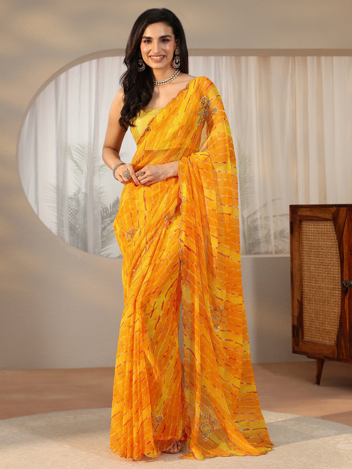 Anouk Orange Leheriya Printed Chiffon Saree