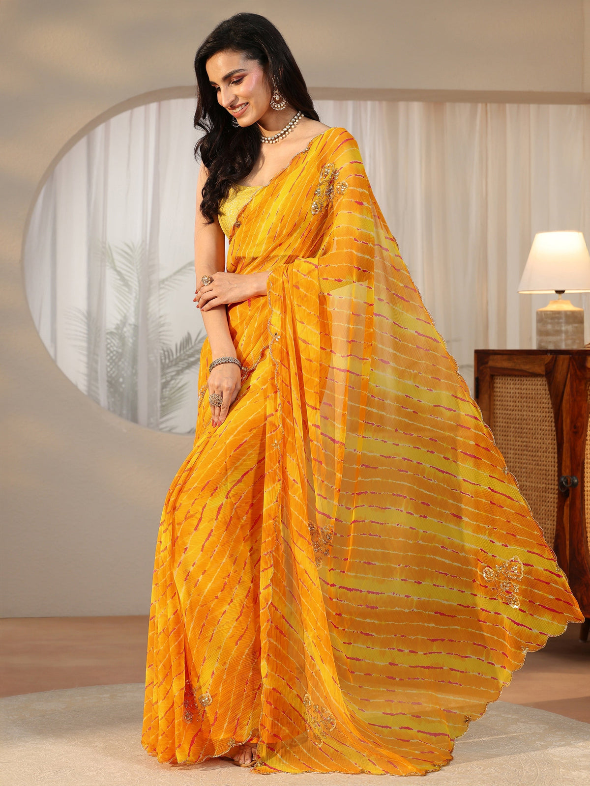 Anouk Orange Leheriya Printed Chiffon Saree