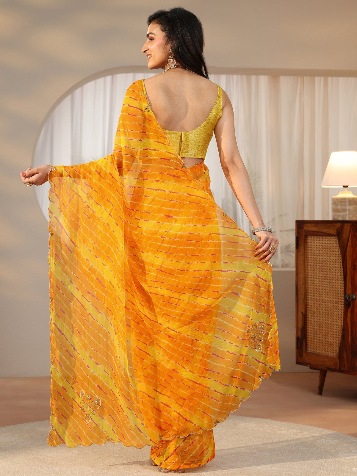 Anouk Orange Leheriya Printed Chiffon Saree