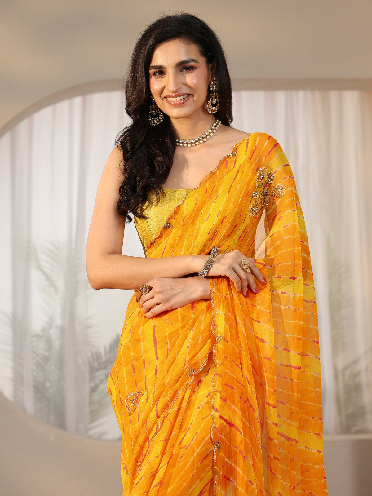 Anouk Orange Leheriya Printed Chiffon Saree