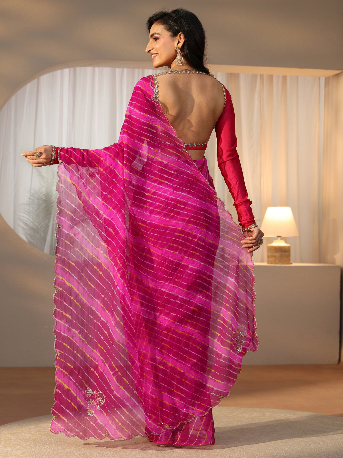 Anouk Rani Pink Leheriya Printed Chiffon Saree