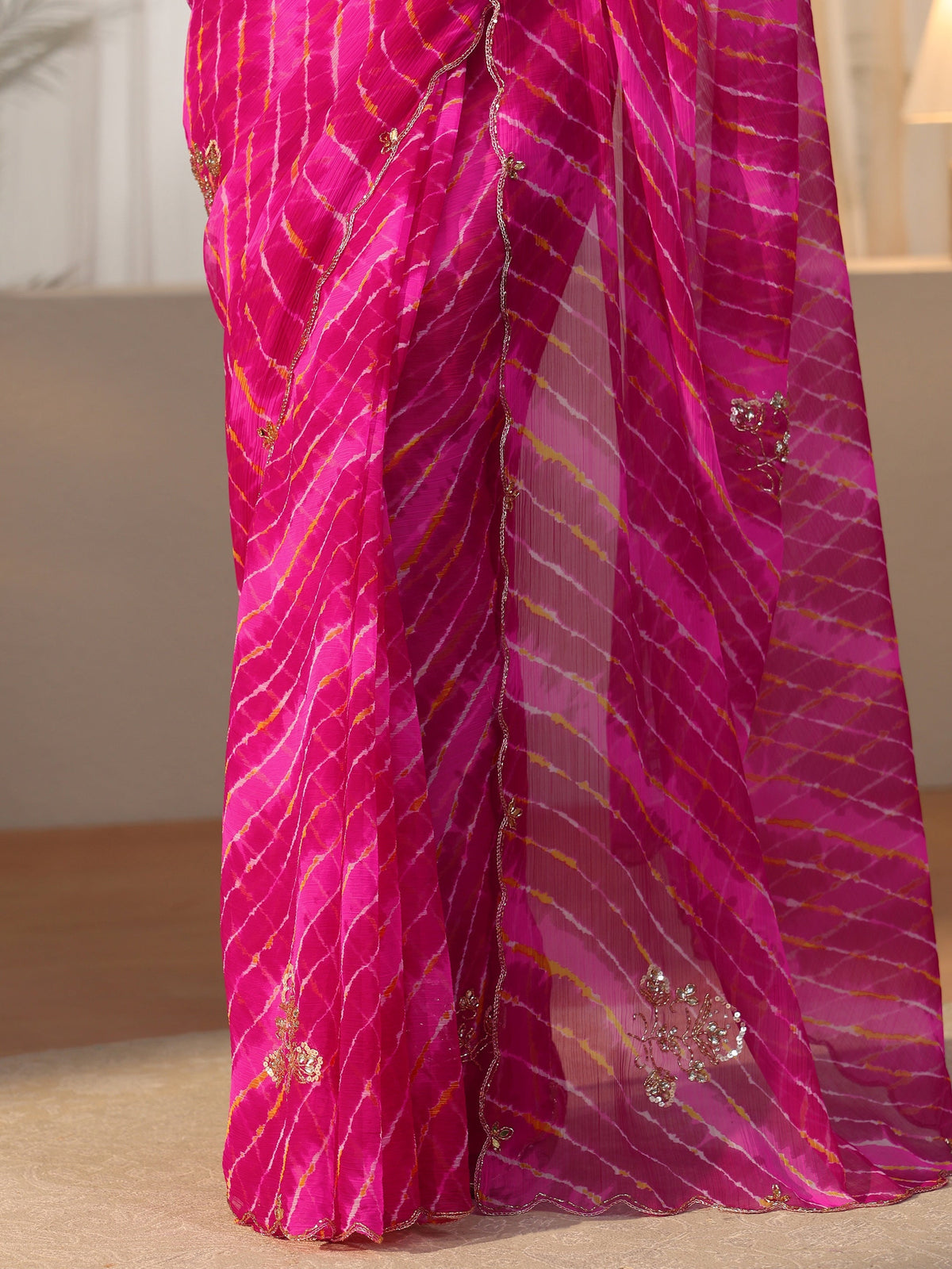 Anouk Rani Pink Leheriya Printed Chiffon Saree