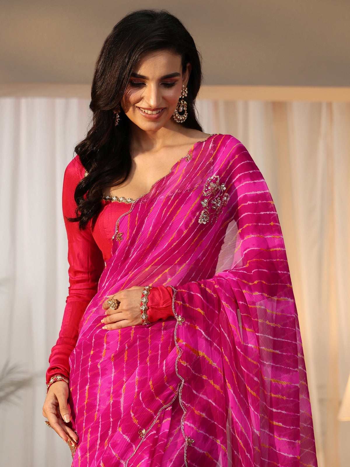 Anouk Rani Pink Leheriya Printed Chiffon Saree