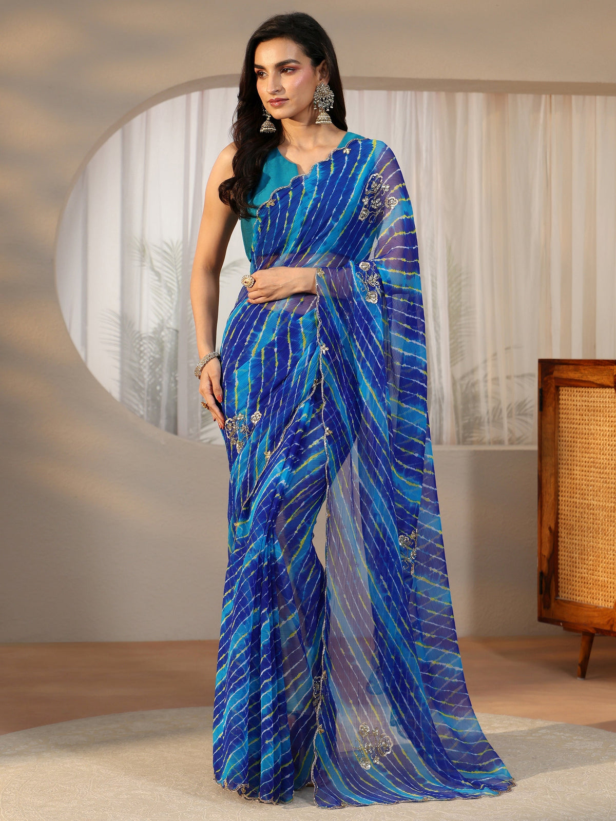 Anouk Cobalt Blue Leheriya Printed Chiffon Saree