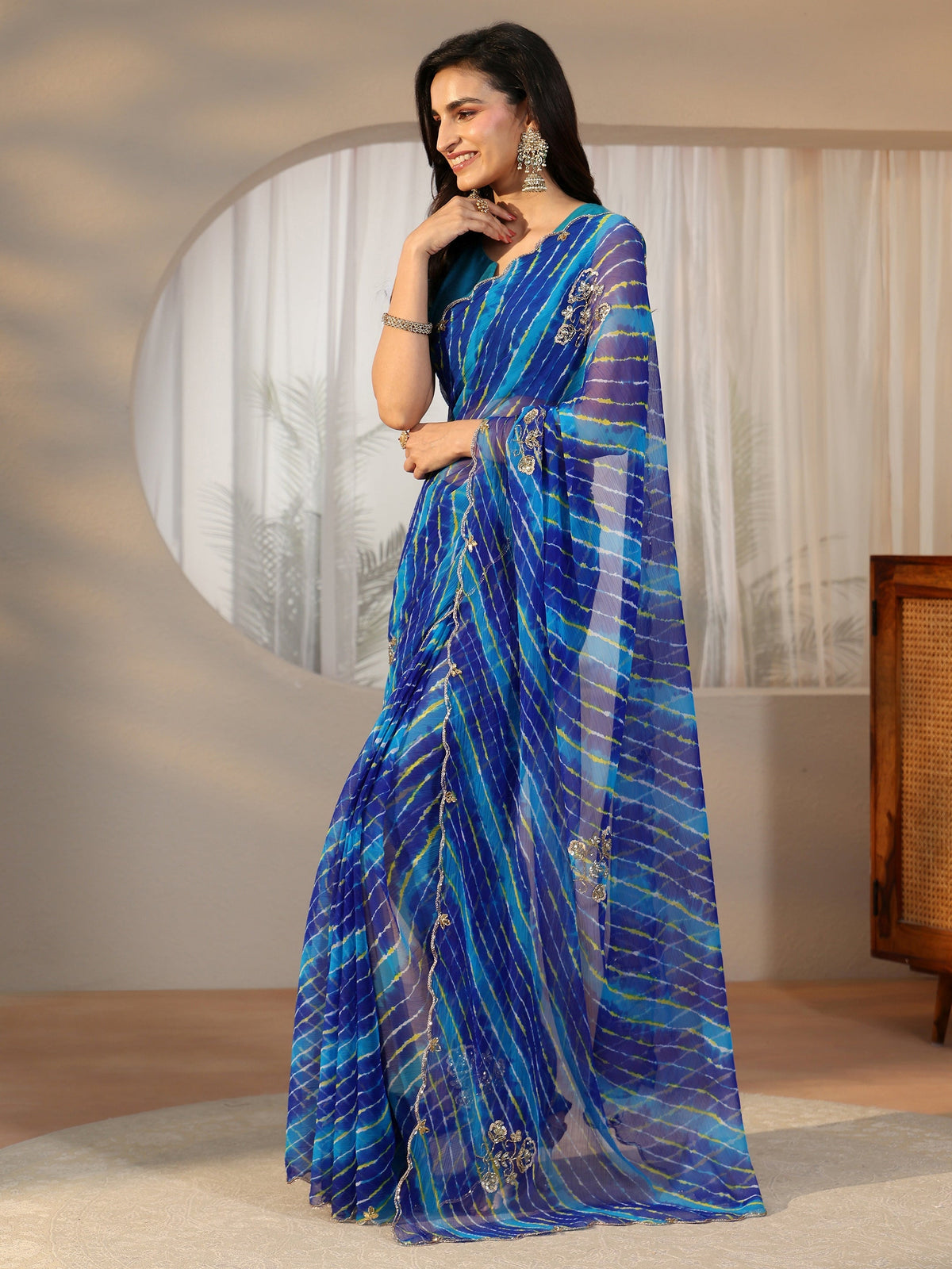 Anouk Cobalt Blue Leheriya Printed Chiffon Saree