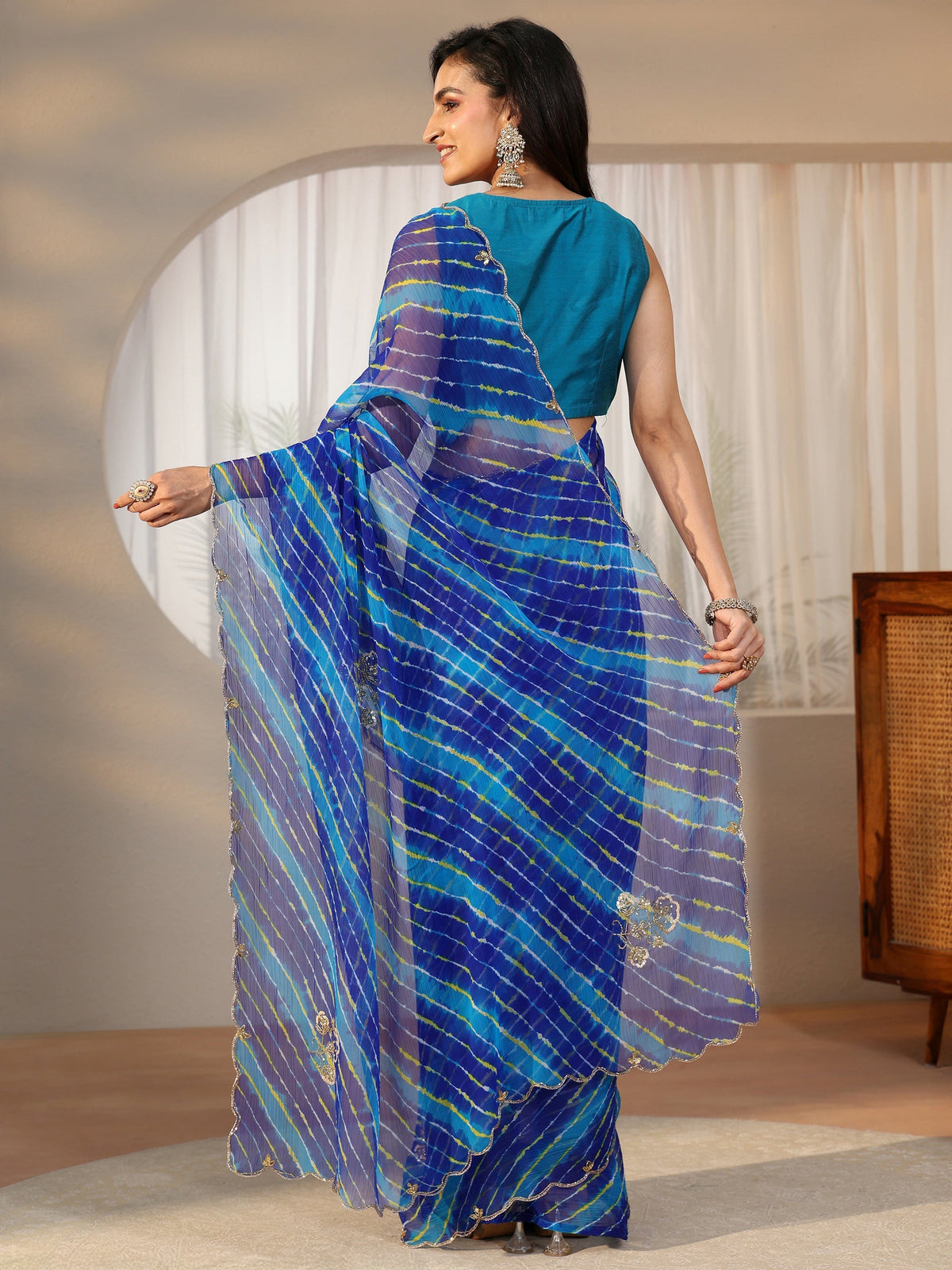 Anouk Cobalt Blue Leheriya Printed Chiffon Saree