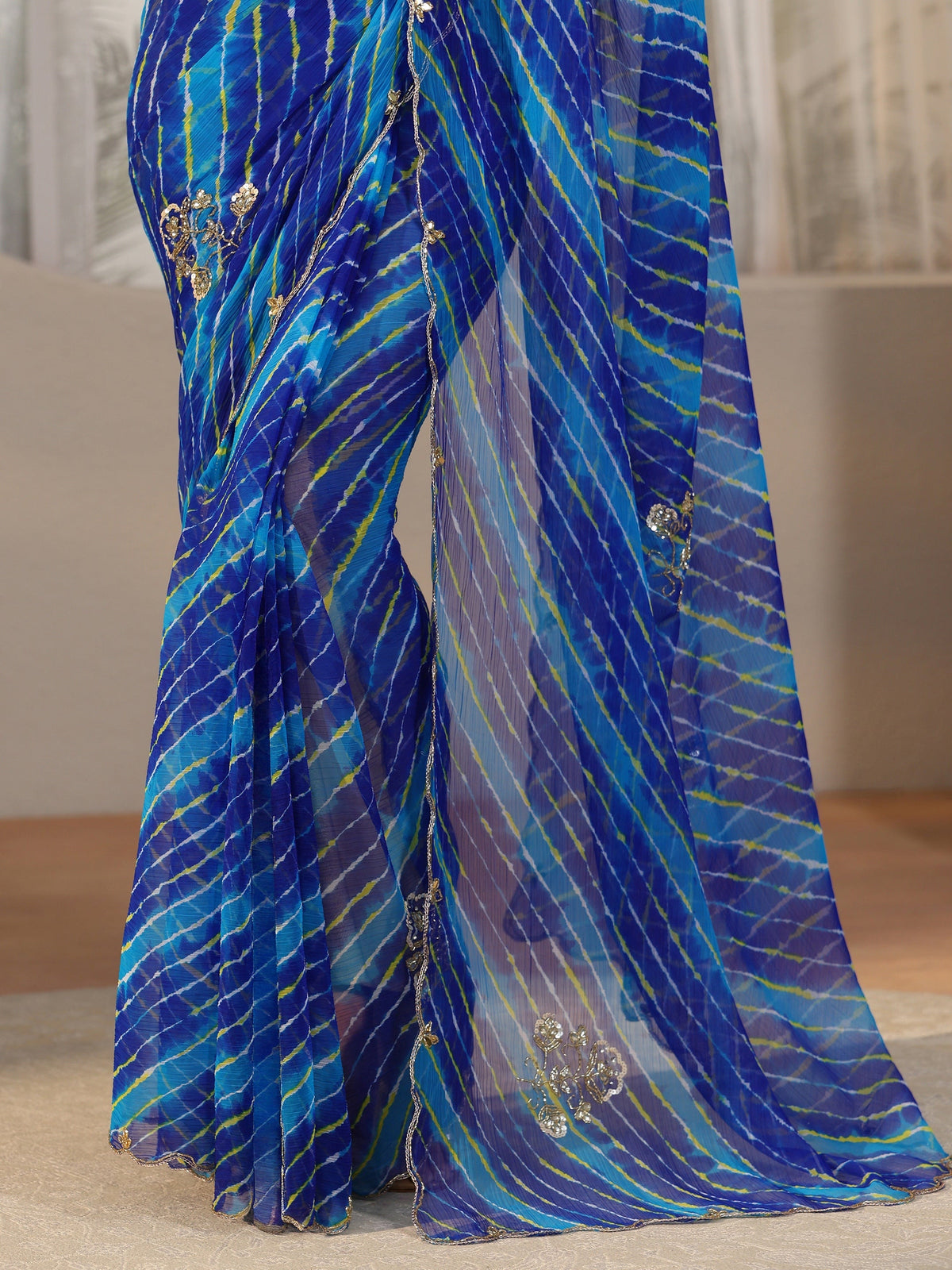 Anouk Cobalt Blue Leheriya Printed Chiffon Saree