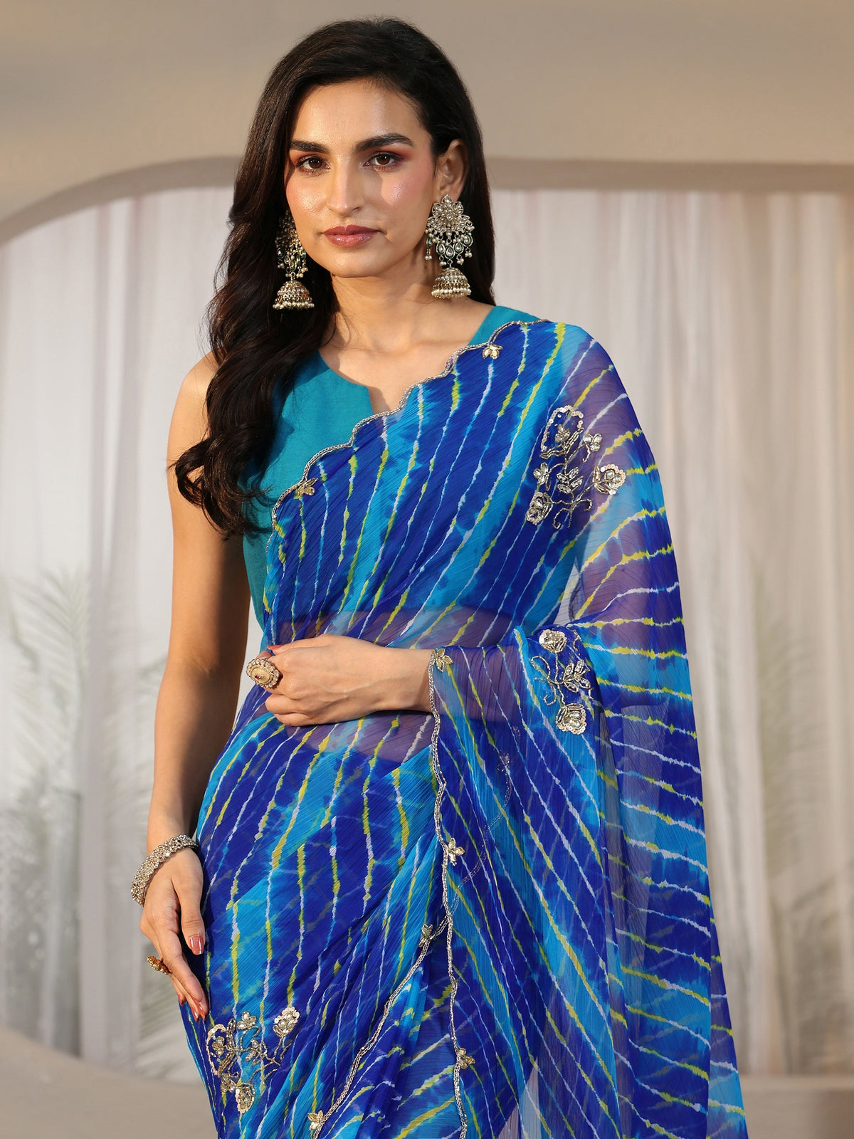 Anouk Cobalt Blue Leheriya Printed Chiffon Saree