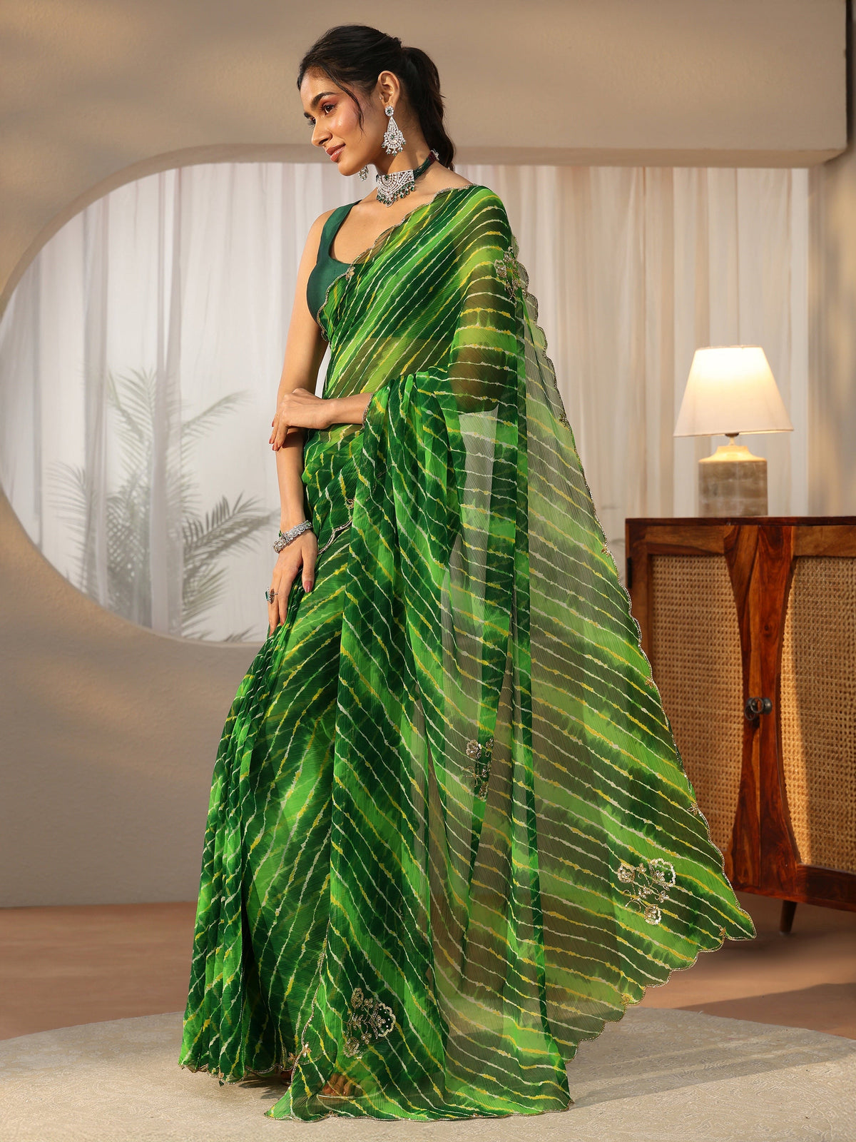 Anouk Fern Green Leheriya Printed Chiffon Saree