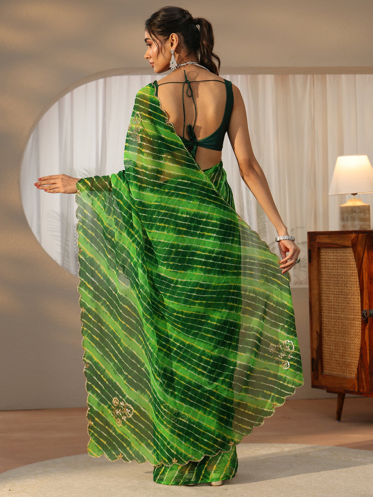 Anouk Fern Green Leheriya Printed Chiffon Saree