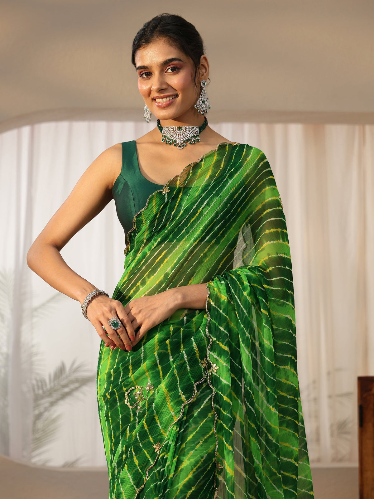 Anouk Fern Green Leheriya Printed Chiffon Saree