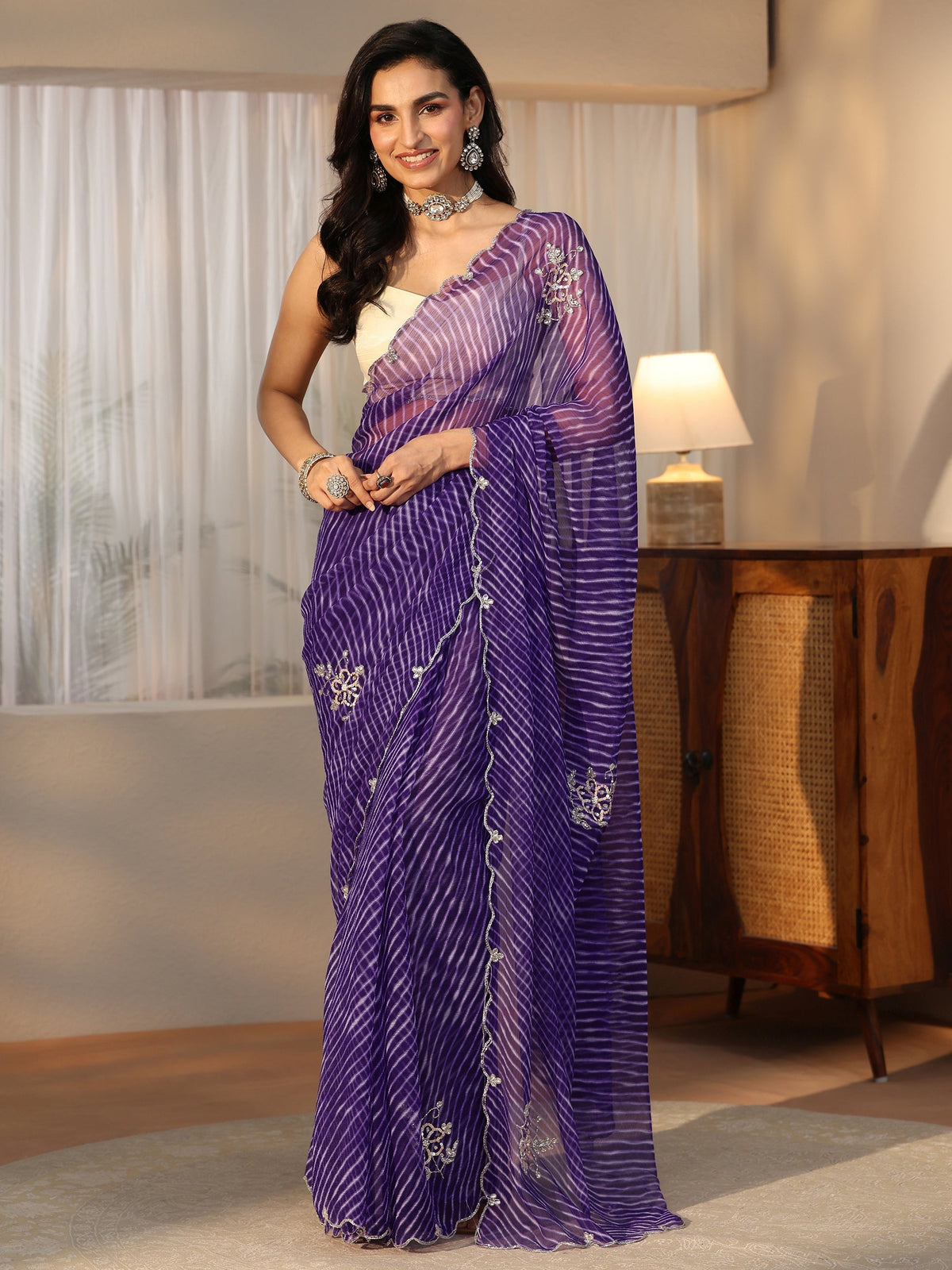 Anouk Royal Purple Leheriya Printed Chiffon Saree