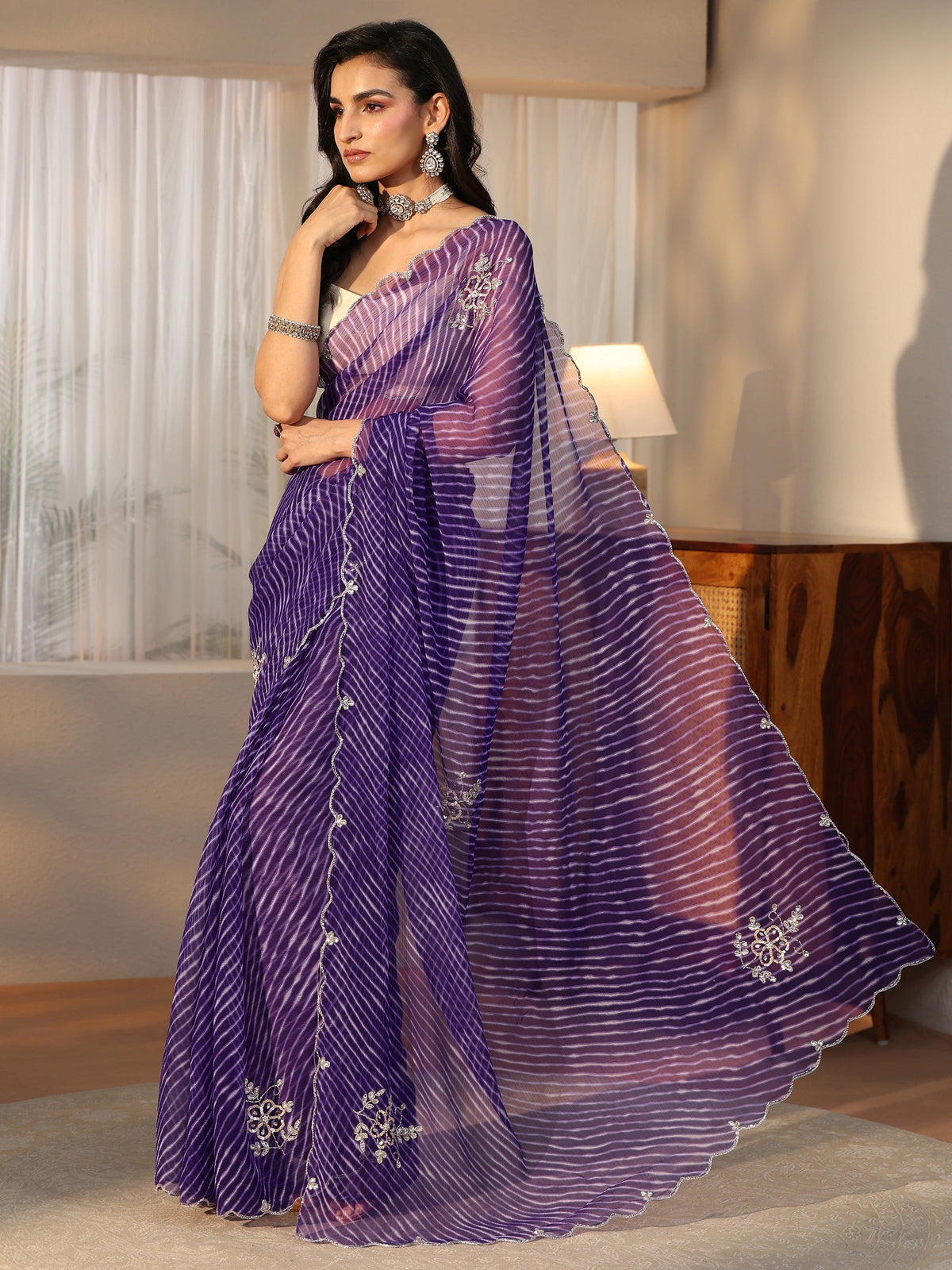 Anouk Royal Purple Leheriya Printed Chiffon Saree