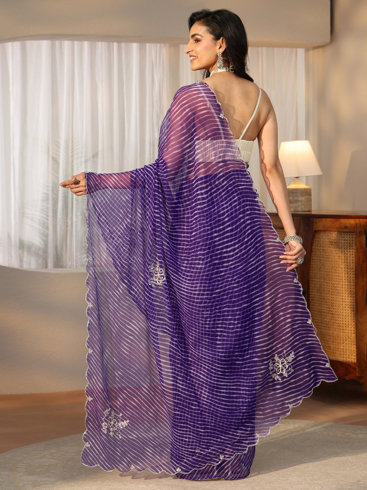 Anouk Royal Purple Leheriya Printed Chiffon Saree