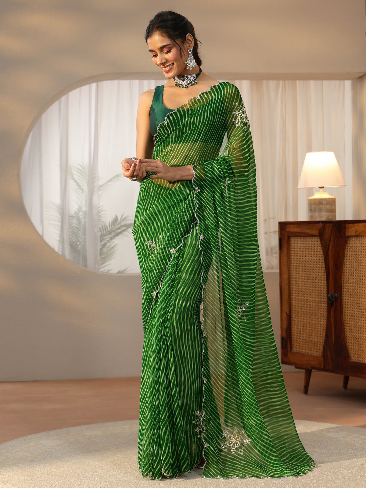 Anouk Forrest Green Leheriya Printed Chiffon Saree