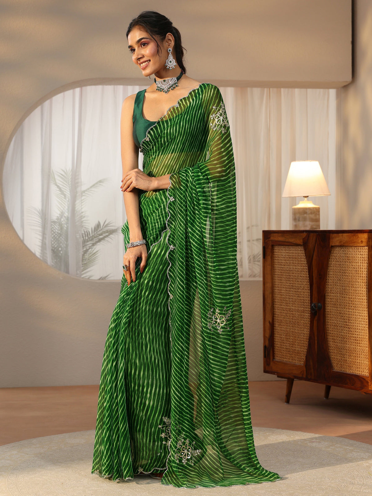 Anouk Forrest Green Leheriya Printed Chiffon Saree