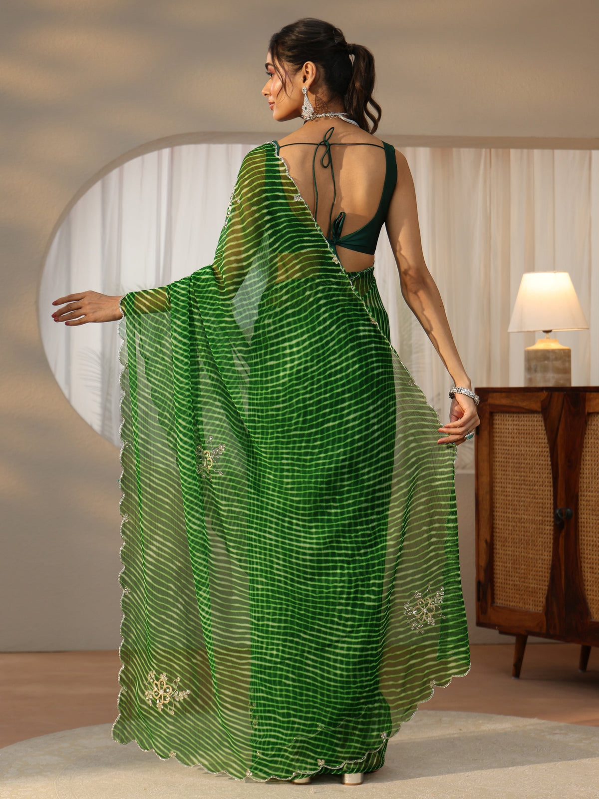 Anouk Forrest Green Leheriya Printed Chiffon Saree