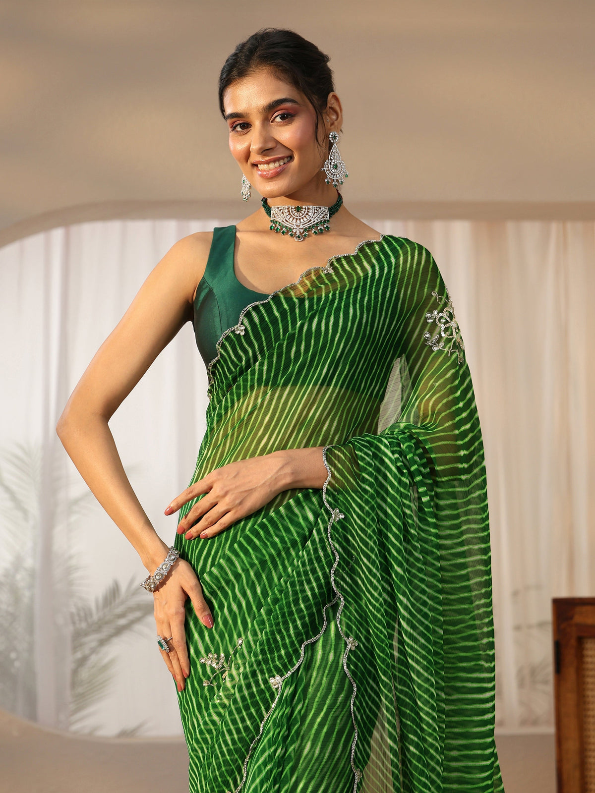 Anouk Forrest Green Leheriya Printed Chiffon Saree