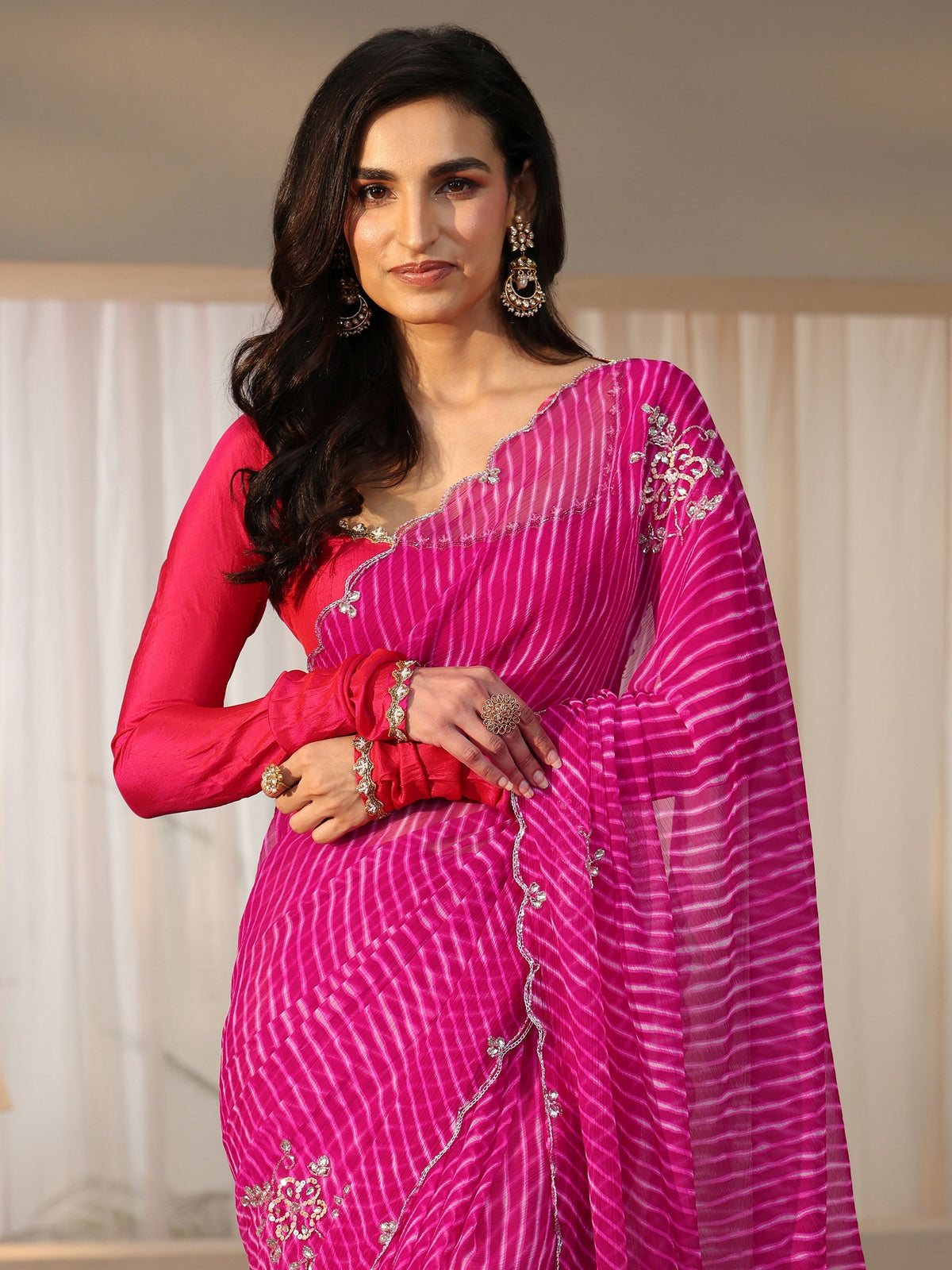 Anouk Rani Pink Leheriya Printed Chiffon Saree