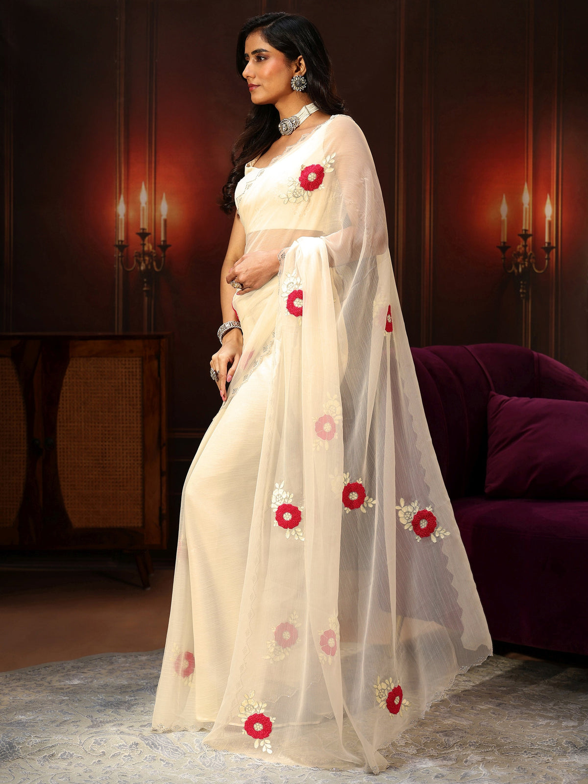 Anouk Ivory Chiffon Saree with Embellished Floral Motifs