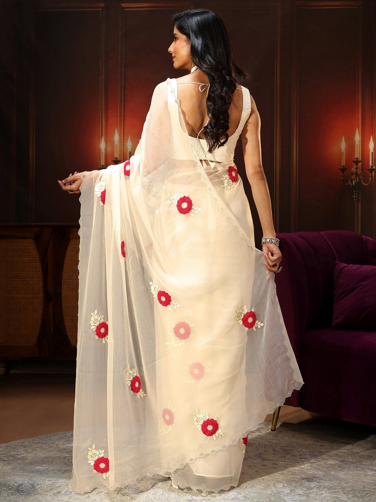Anouk Ivory Chiffon Saree with Embellished Floral Motifs