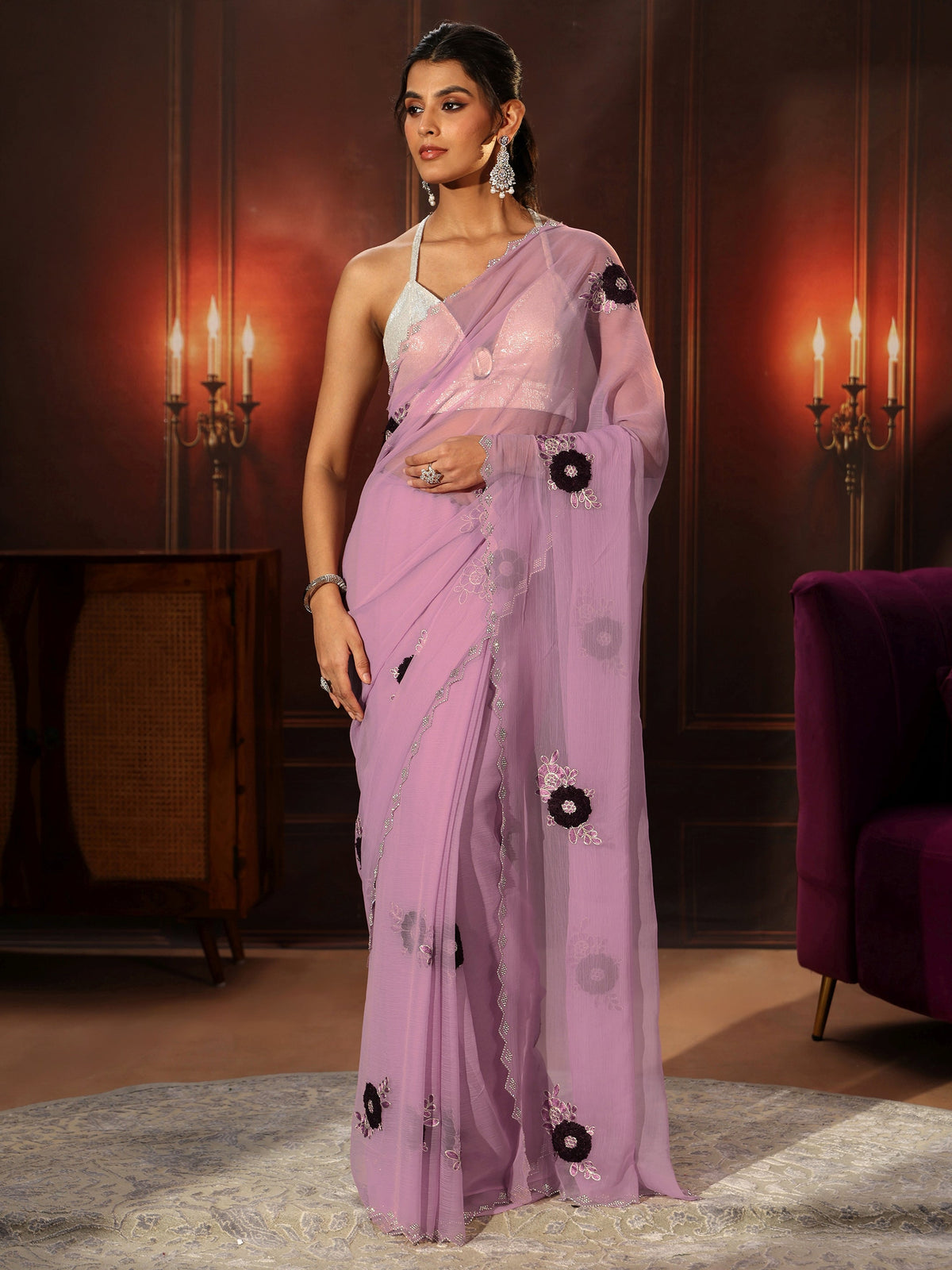 Anouk Lavender Chiffon Saree with Embellished Floral Motifs