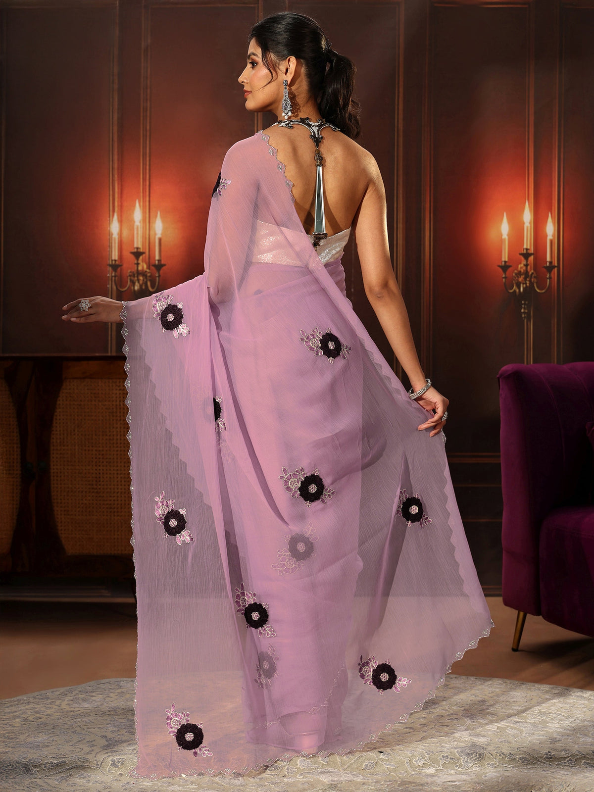 Anouk Lavender Chiffon Saree with Embellished Floral Motifs