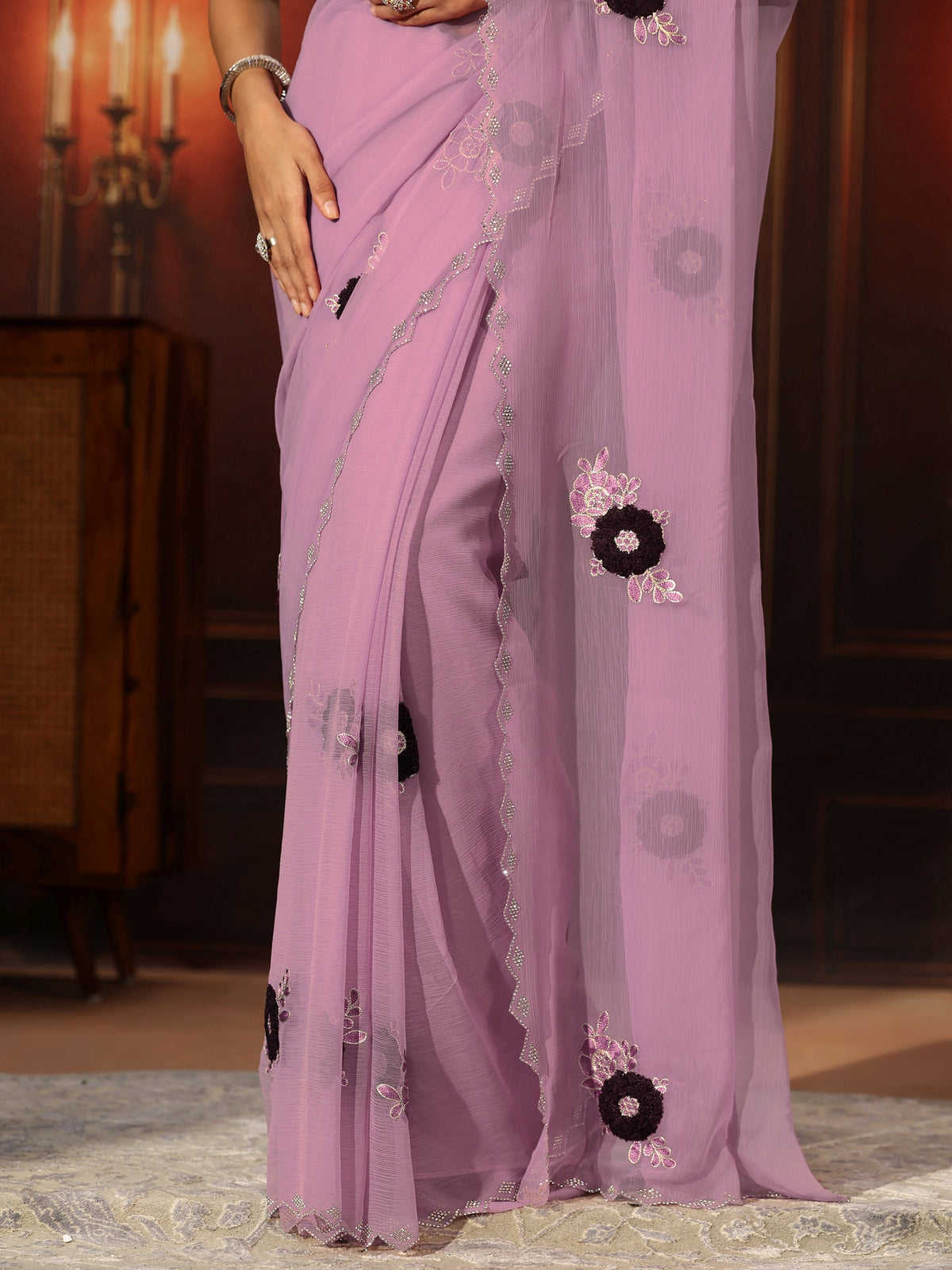 Anouk Lavender Chiffon Saree with Embellished Floral Motifs