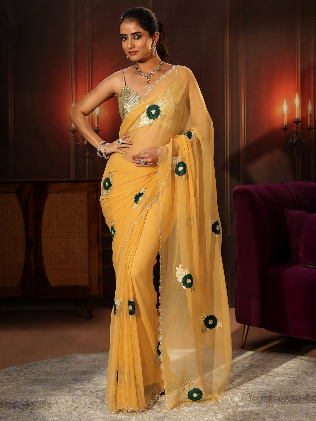 Anouk Sunshine Yellow Chiffon Saree with Embellished Floral Motifs