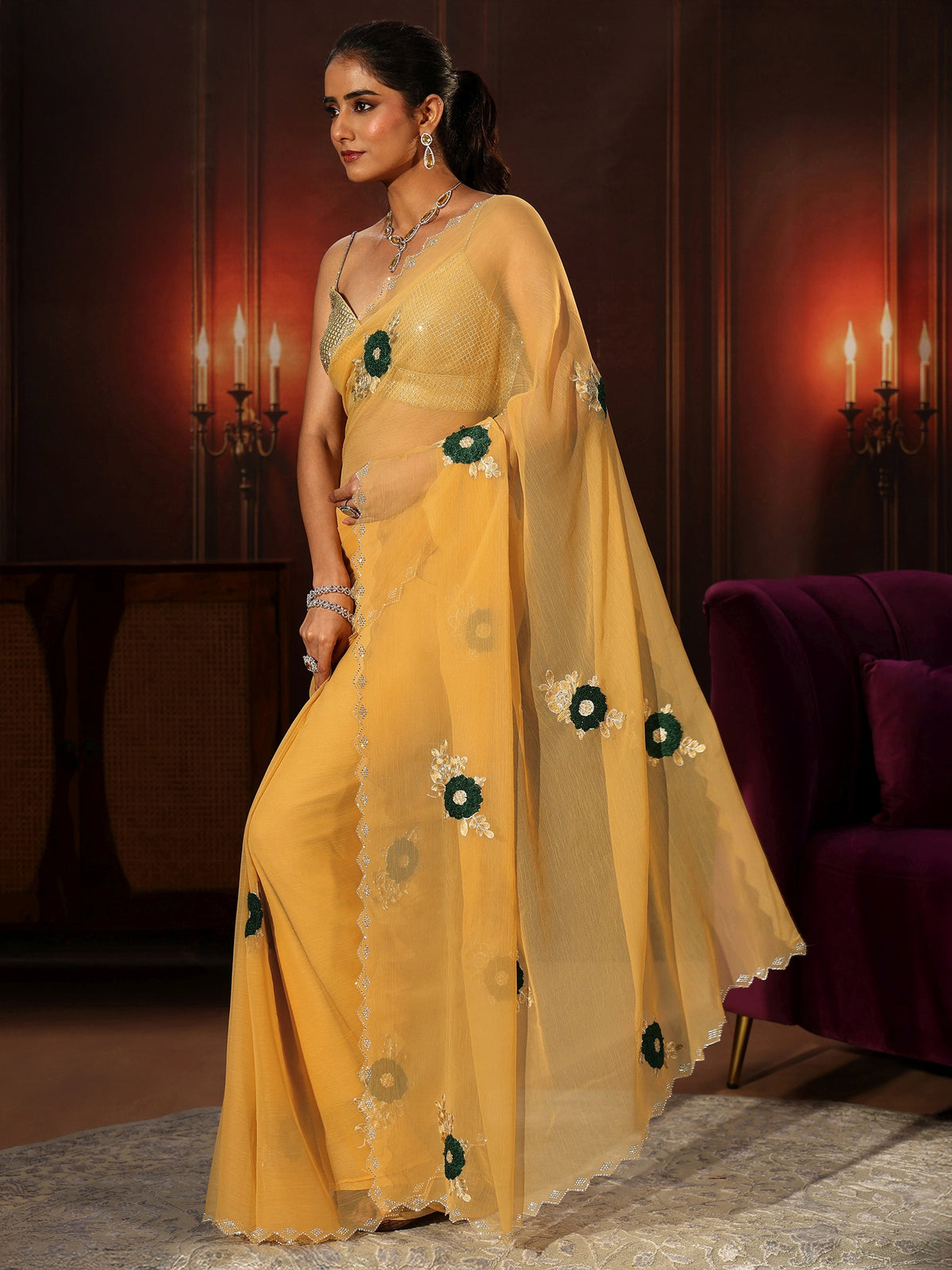 Anouk Sunshine Yellow Chiffon Saree with Embellished Floral Motifs