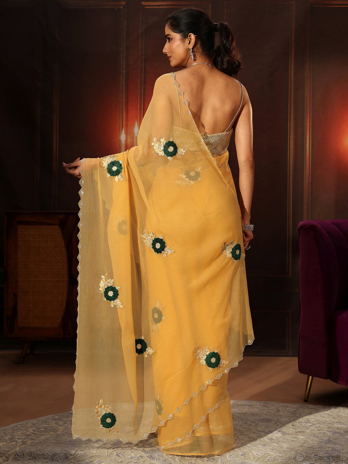 Anouk Sunshine Yellow Chiffon Saree with Embellished Floral Motifs