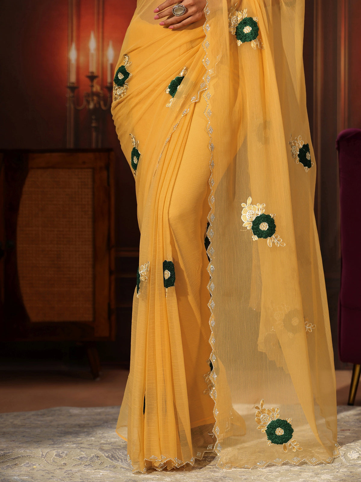 Anouk Sunshine Yellow Chiffon Saree with Embellished Floral Motifs