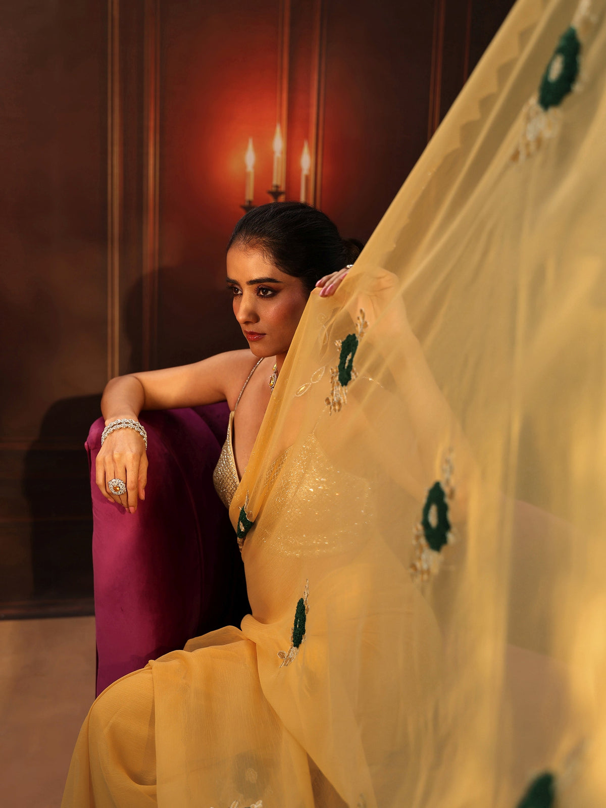 Anouk Sunshine Yellow Chiffon Saree with Embellished Floral Motifs