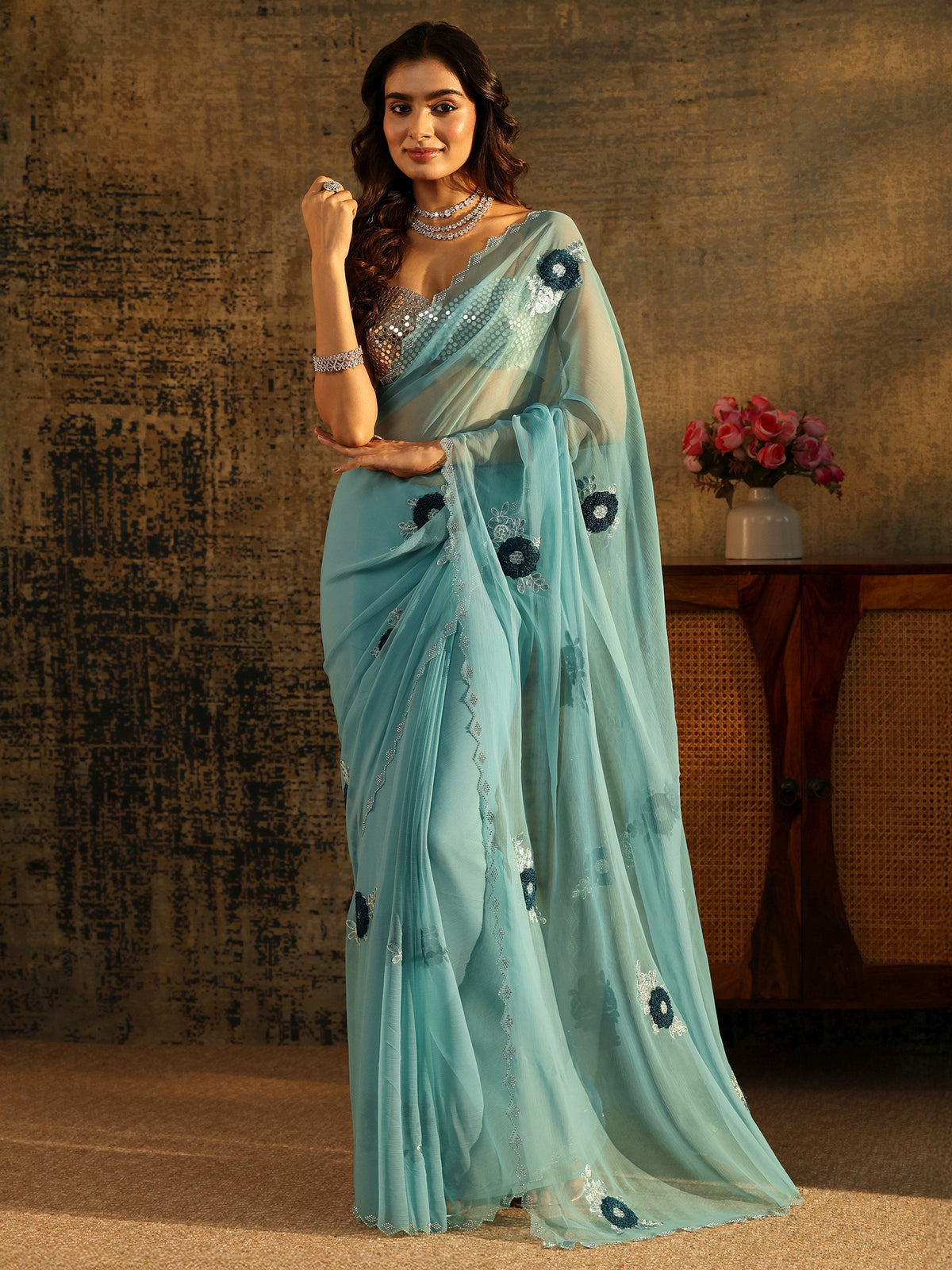 Anouk Powder Blue Chiffon Saree with Embellished Floral Motifs