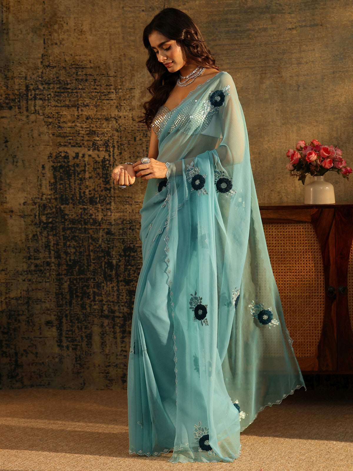 Anouk Powder Blue Chiffon Saree with Embellished Floral Motifs