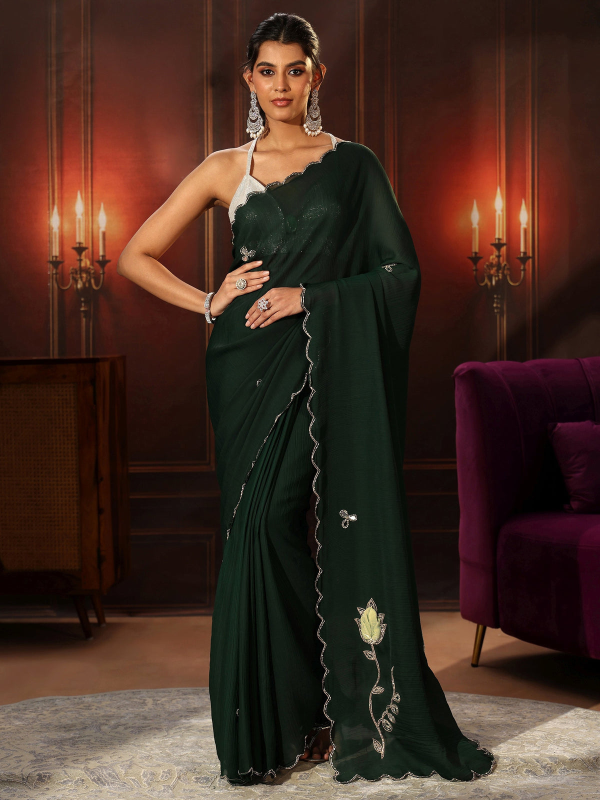 Anouk Jungle Green Chiffon Saree with Floral Applique Design Pallu