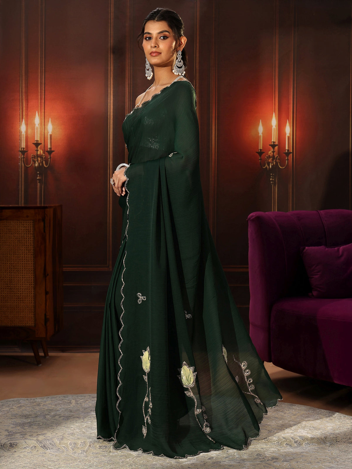 Anouk Jungle Green Chiffon Saree with Floral Applique Design Pallu
