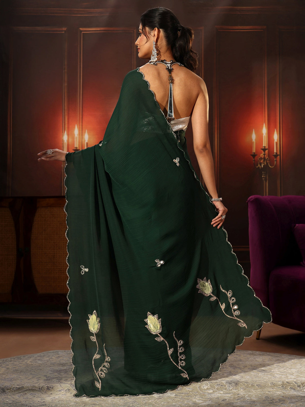 Anouk Jungle Green Chiffon Saree with Floral Applique Design Pallu